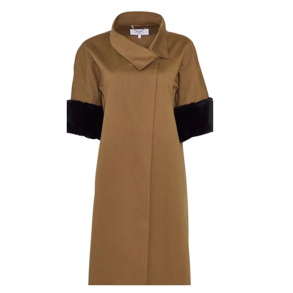 Pearl by Lela Rose Camel Twill Coat with Fur Cuffs XS Vintage Inspired $595 NWT - Picture 1 of 9